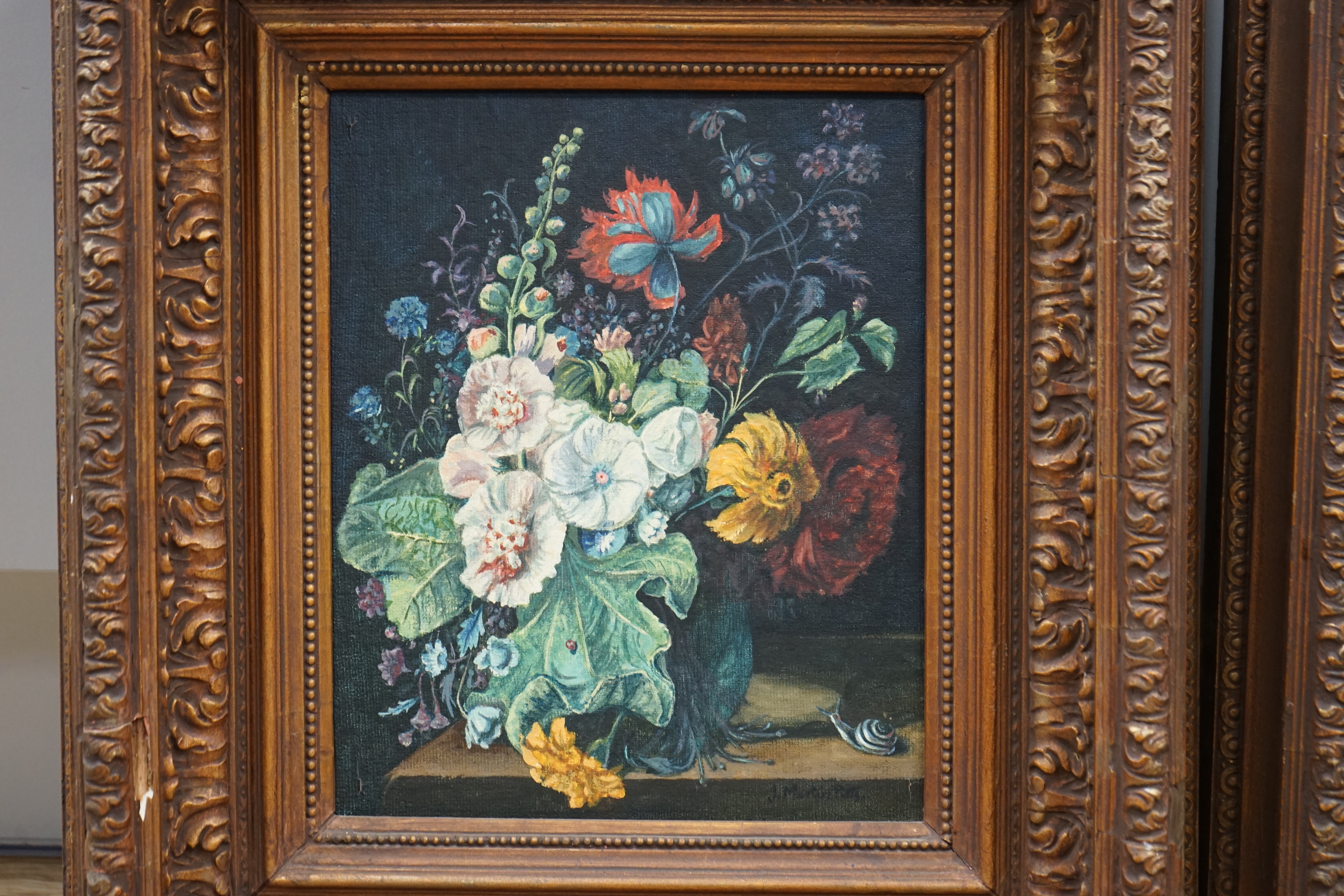 J Martin Pitts, After Jan Van Huijsum (1682-1749) and After Edward Ladell (1821-1886), pair of oils on board, Still lifes of fruit and flowers, each signed, inscribed verso, 26 x 22cm